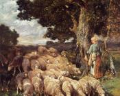 埃米尔 查尔斯 雅克 : A Shepherdess with her Flock near a Stream